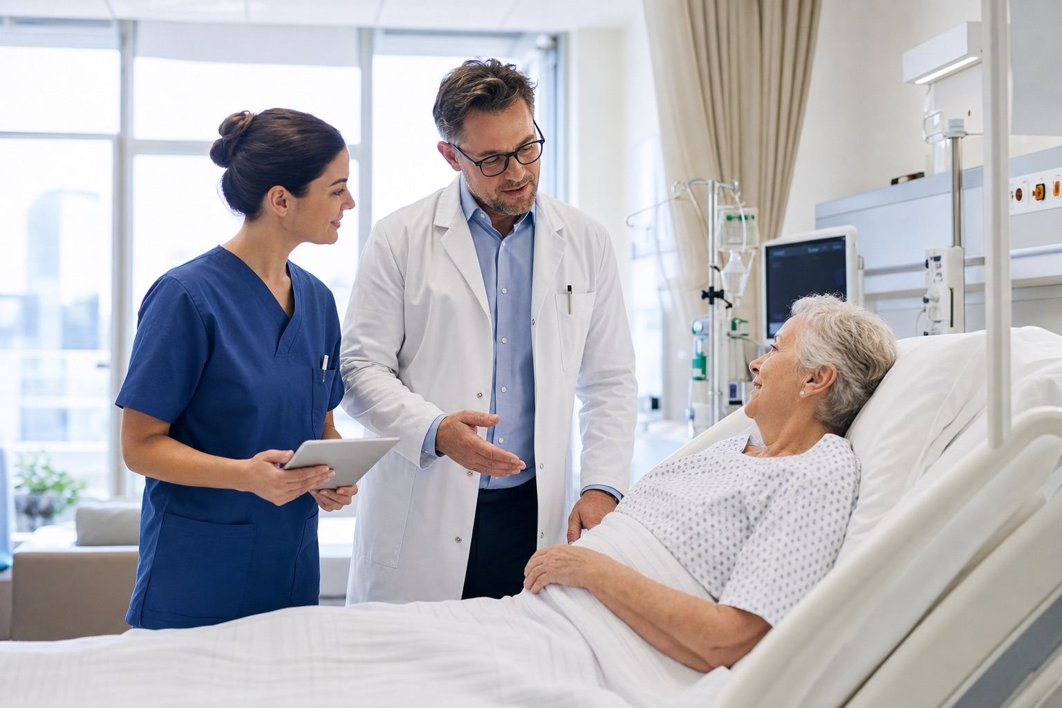 Pflegefachkräfte und Arzt im persönlichen Austausch mit einer Patientin